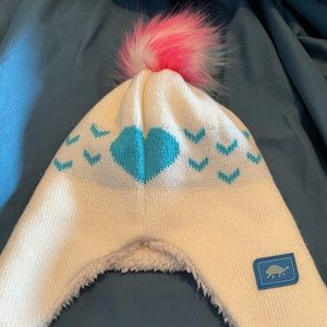 Turtle Fur 2-4 Year Pink, Turquoise & Cream Pom Fleece-lined Hat- EUC